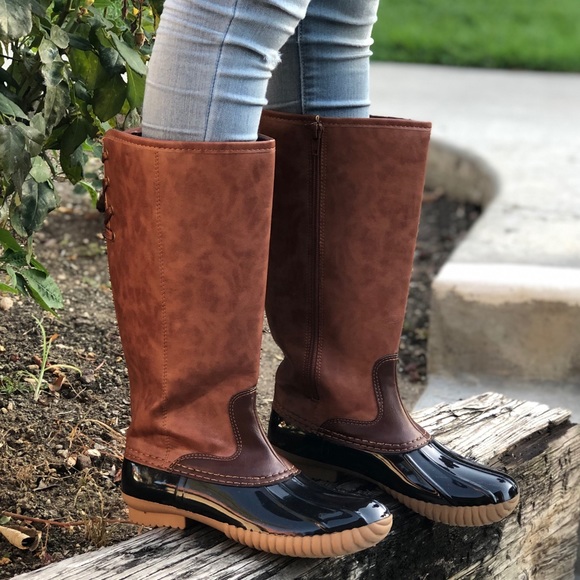 Vegan Leather tan and Black Tall Duck Rain Boots - Picture 7 of 8